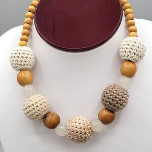 Boho Crocheted and Wood Beaded Collar Necklace Neutral Colors Handmade